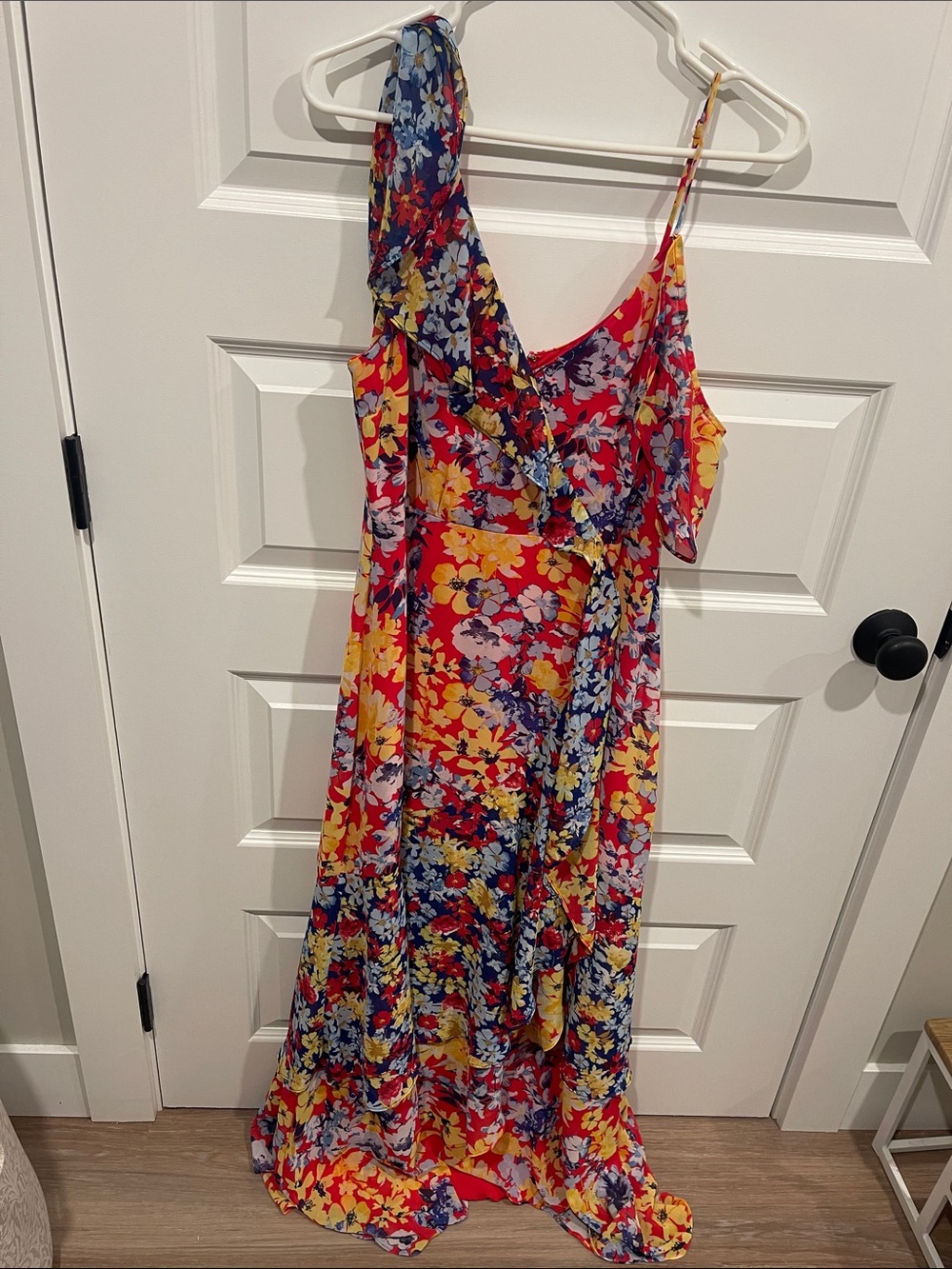 Lulu's Red & Yellow Floral One-Shoulder Maxi Dress